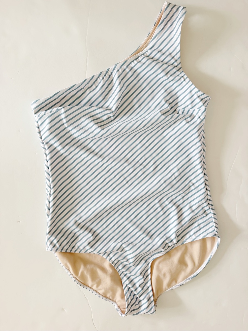 Albion Women’s One-Shoulder One-Piece Swimsuit in White and Blue Stripe XL